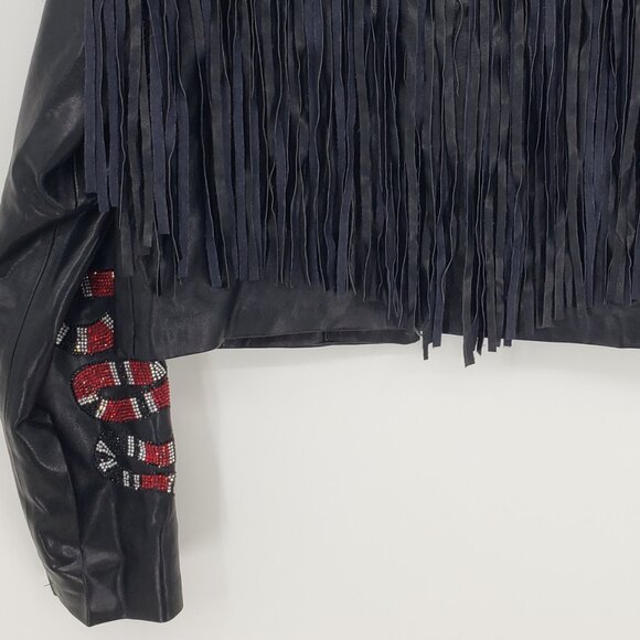 Judith March Faux Leather Fringe Trim Jacket L Rhinestone Snake Black Red - Picture 8 of 9